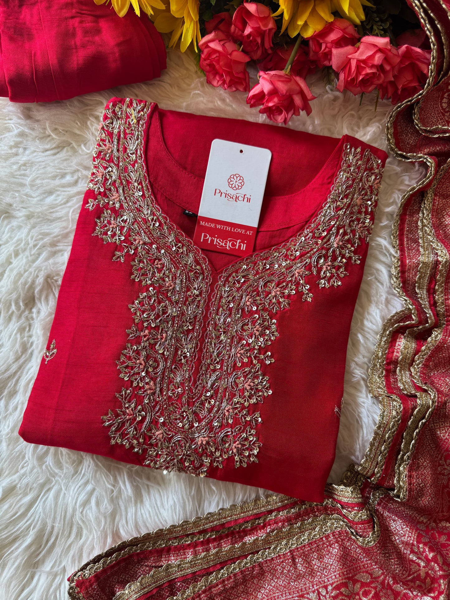 Red Embroidered kurta set with dupatta