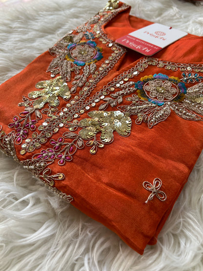 Orange Embroidered Kurta Set With viscous Dupatta