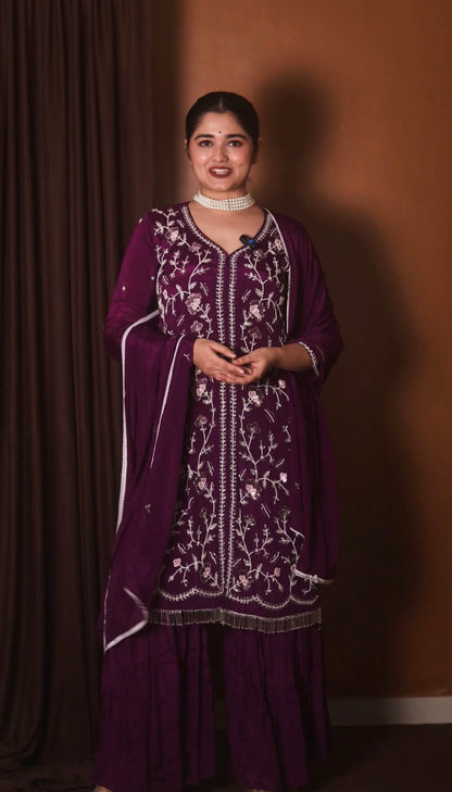 Purple Embroidered kurti sharara set  with dupatta