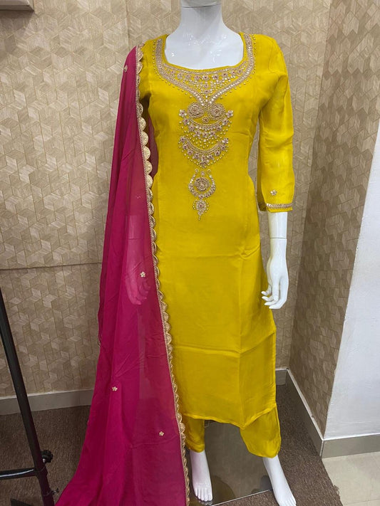 Yellow Embroidered kurta set with dupatta