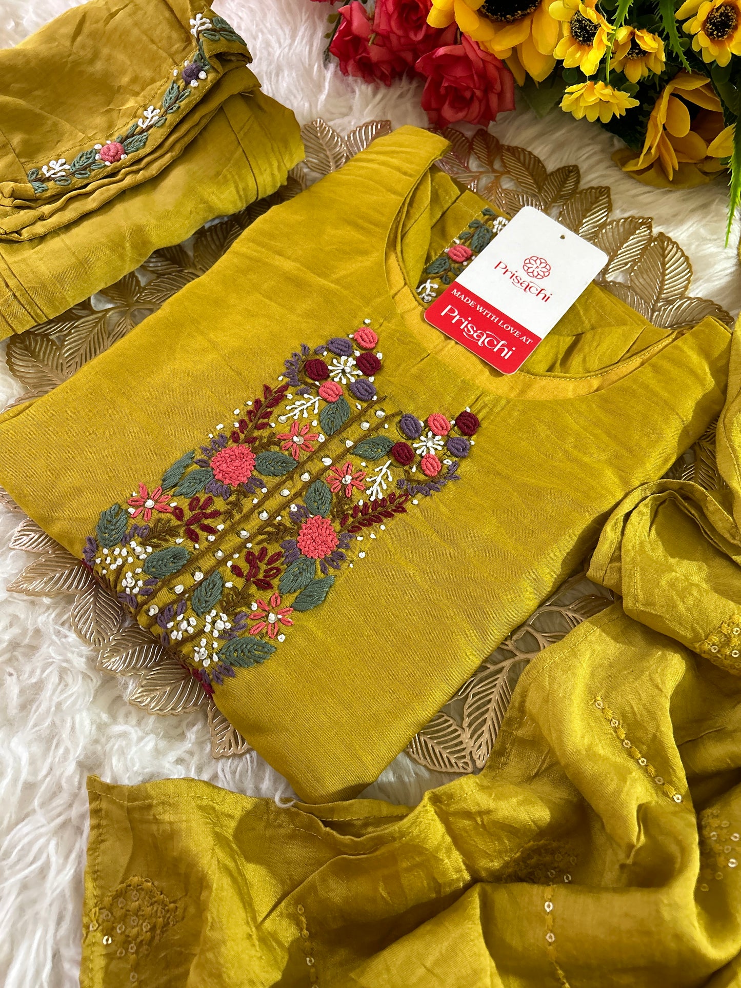 Yellow embroidered chanderi silk kurta set with dupatta