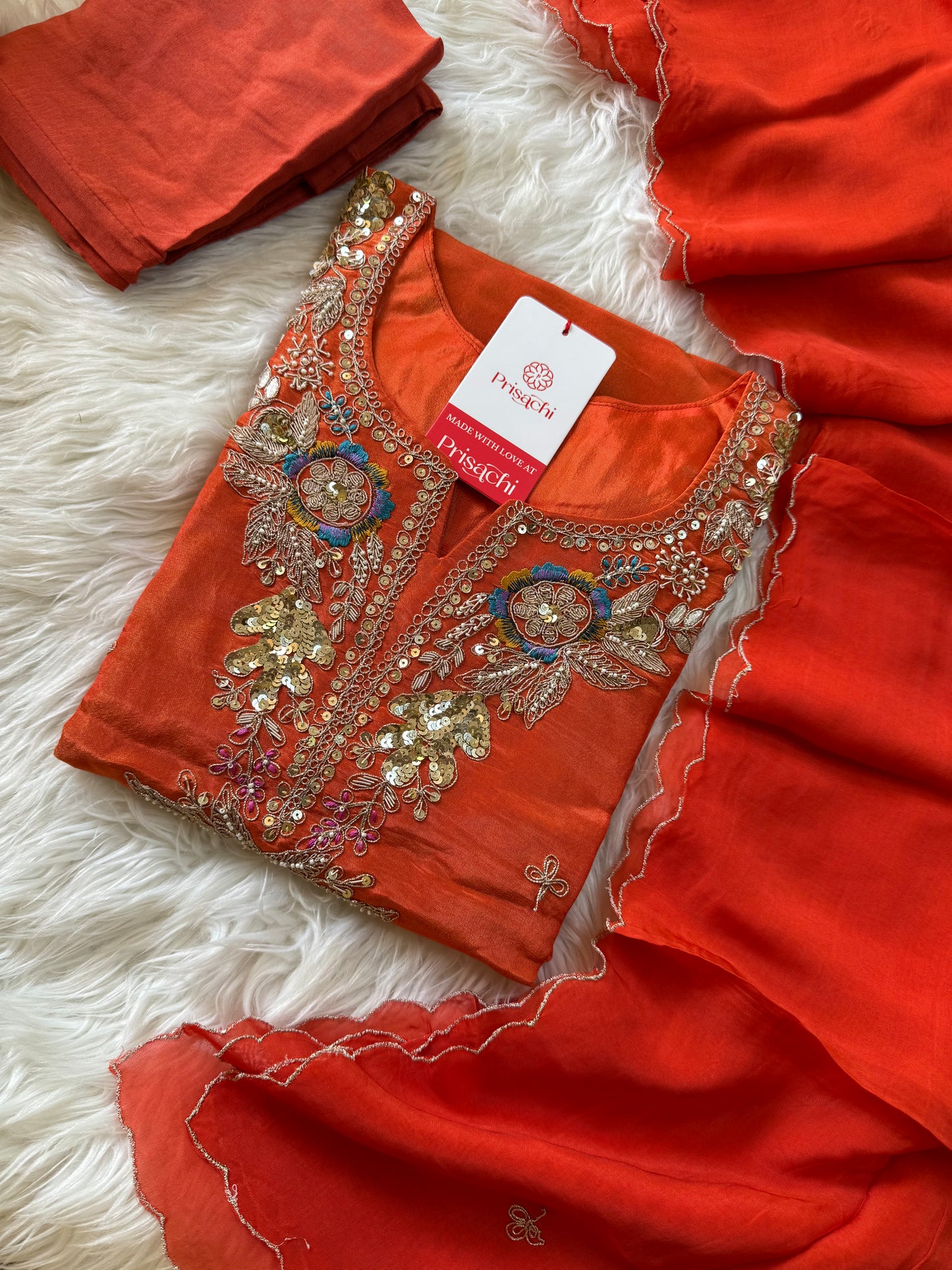 Orange Embroidered Kurta Set With viscous Dupatta