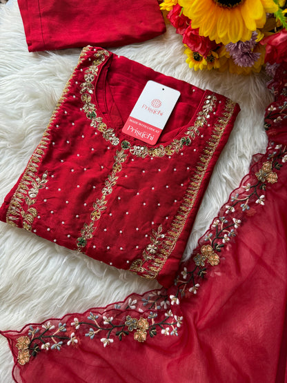 Red embroidered kurta set with dupatta