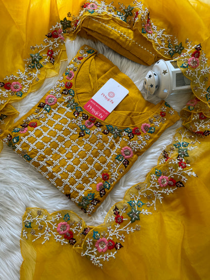 Yellow embroidered kurta set with dupatta