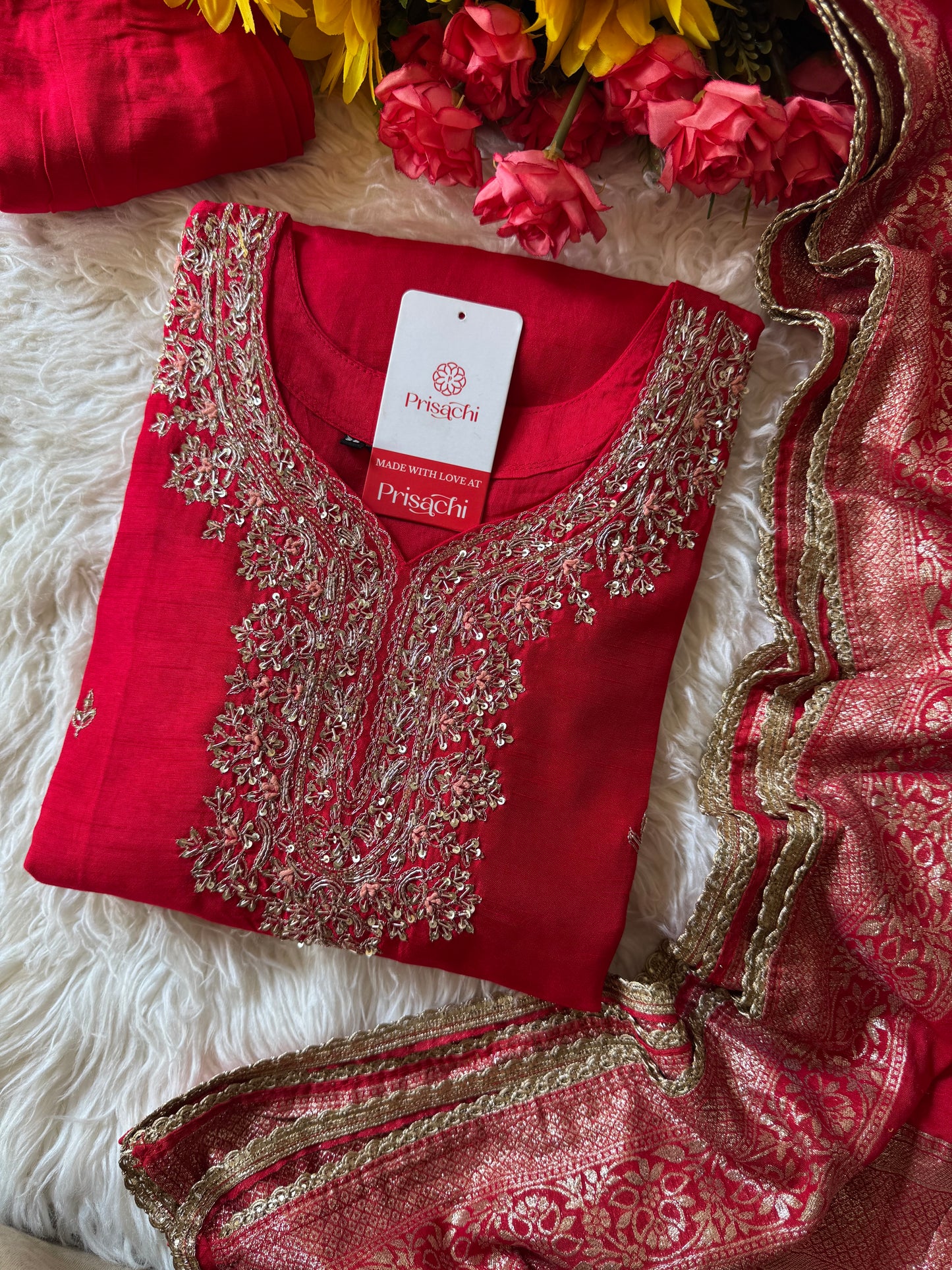 Red Embroidered kurta set with dupatta