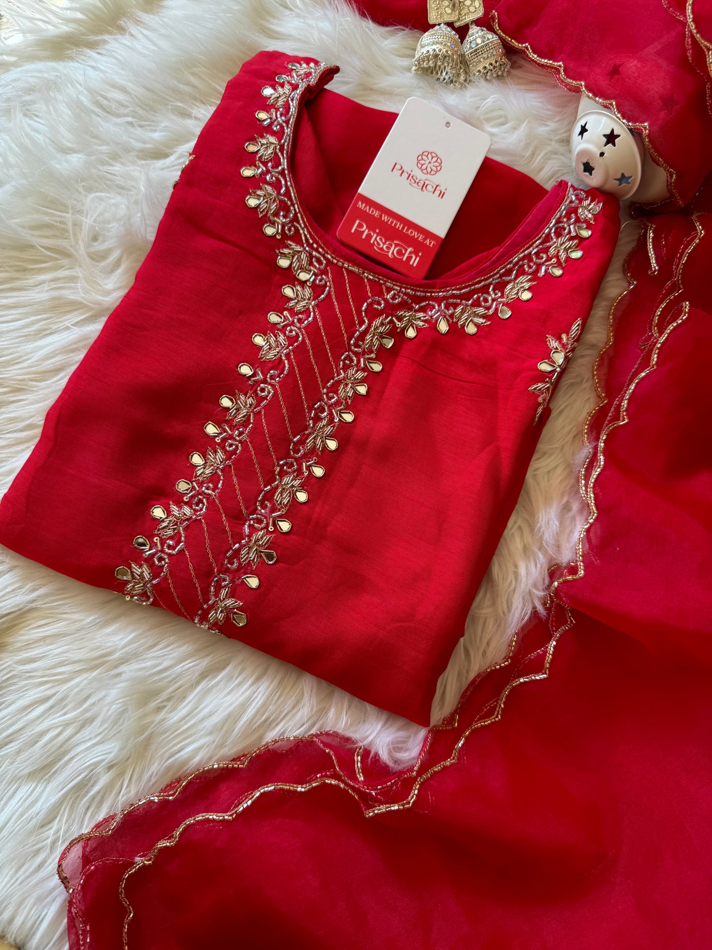 Red embroidered kurta set with dupatta