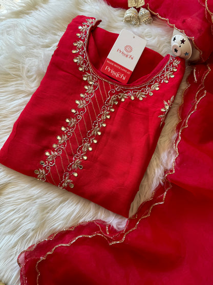 Red embroidered kurta set with dupatta