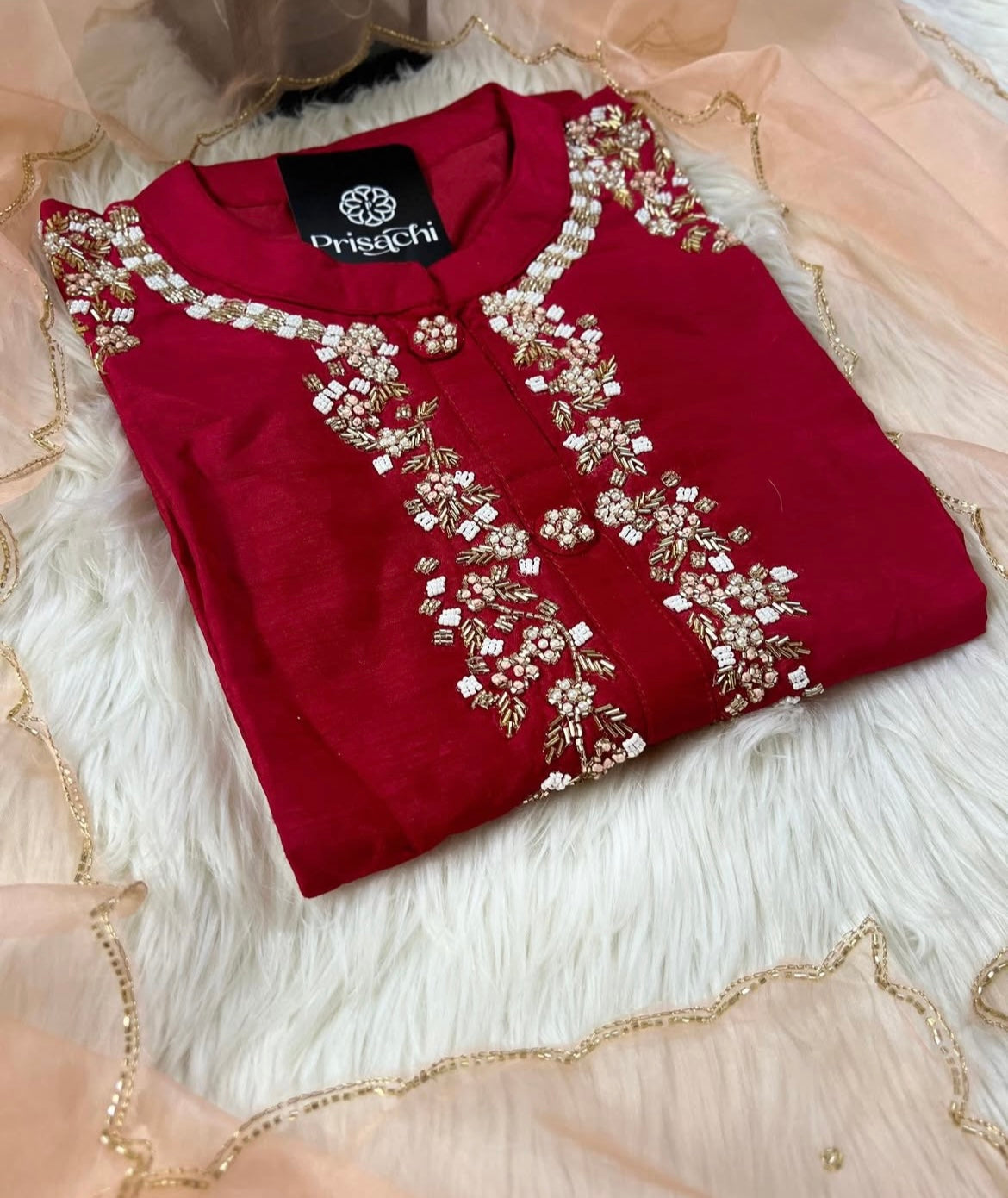 Red embroidered kurta set with dupatta