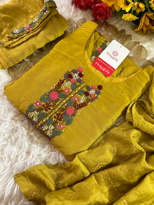 Yellow embroidered chanderi silk kurta set with dupatta