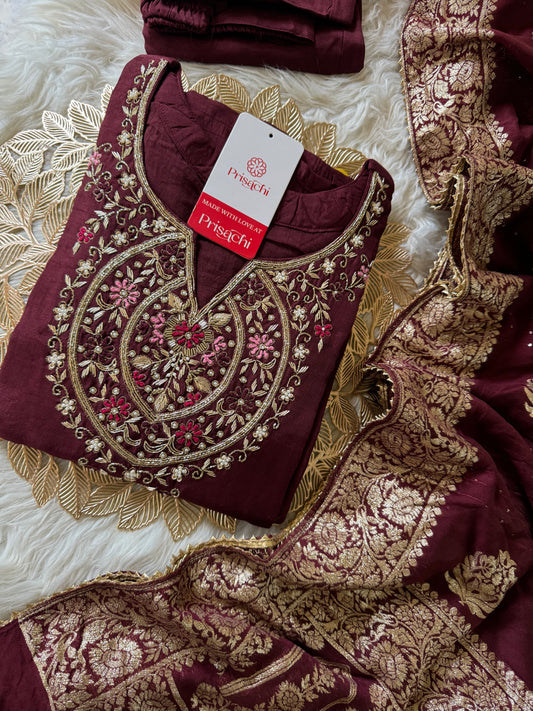 Brown hand embroidered kurta pant  with dupatta