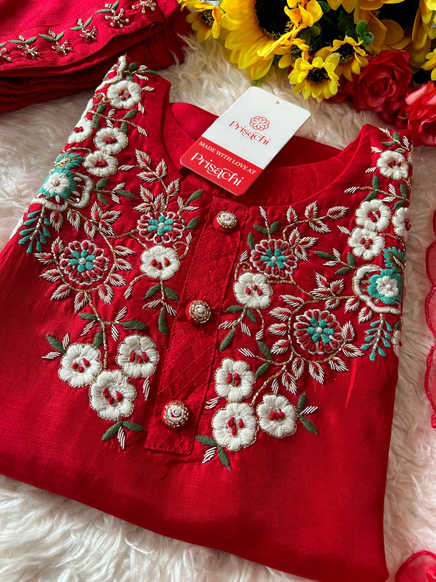 Designer Red Embroidered kurta bottom  with dupatta