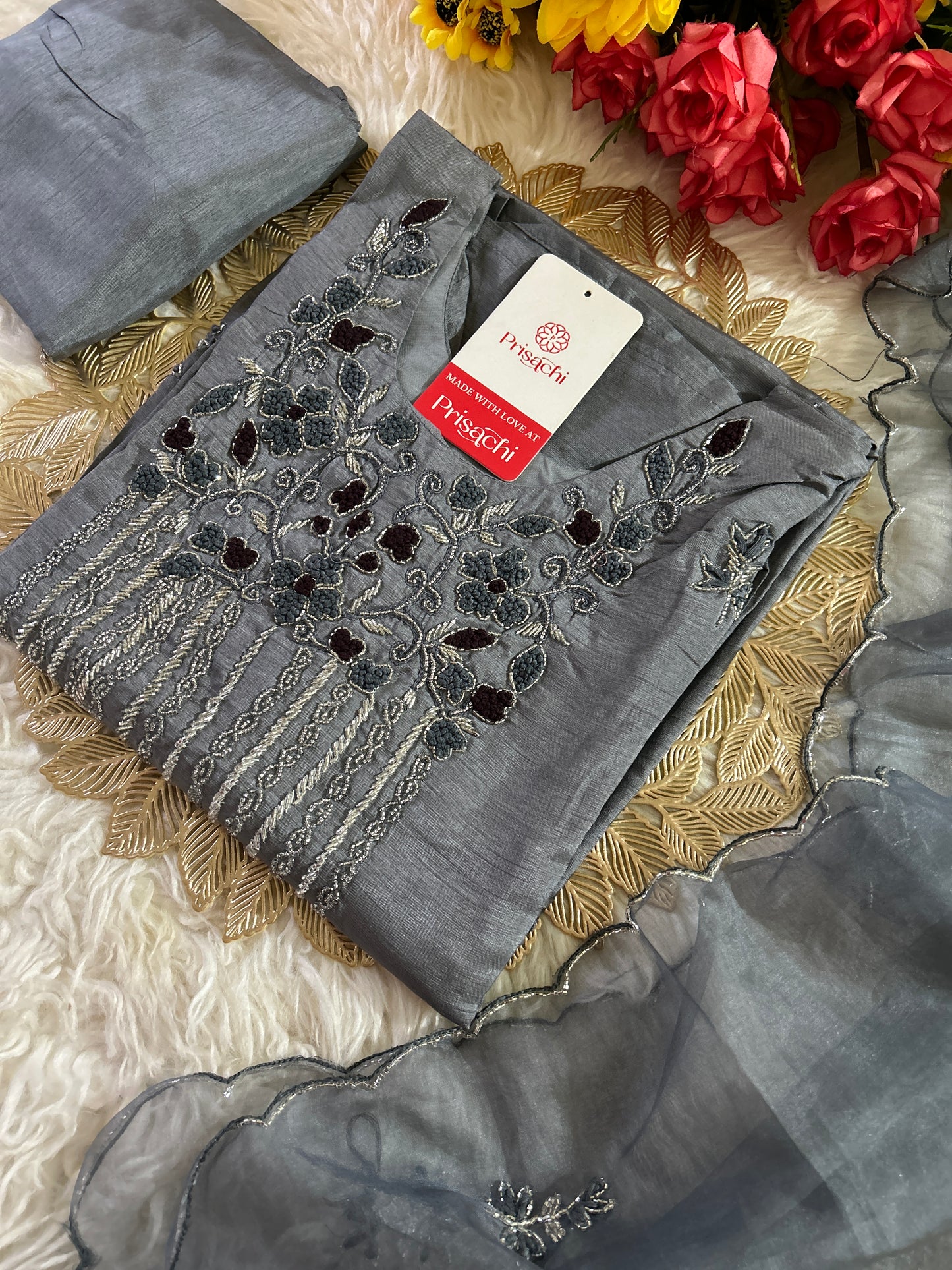 Gray embroidered kurta set with  dupatta