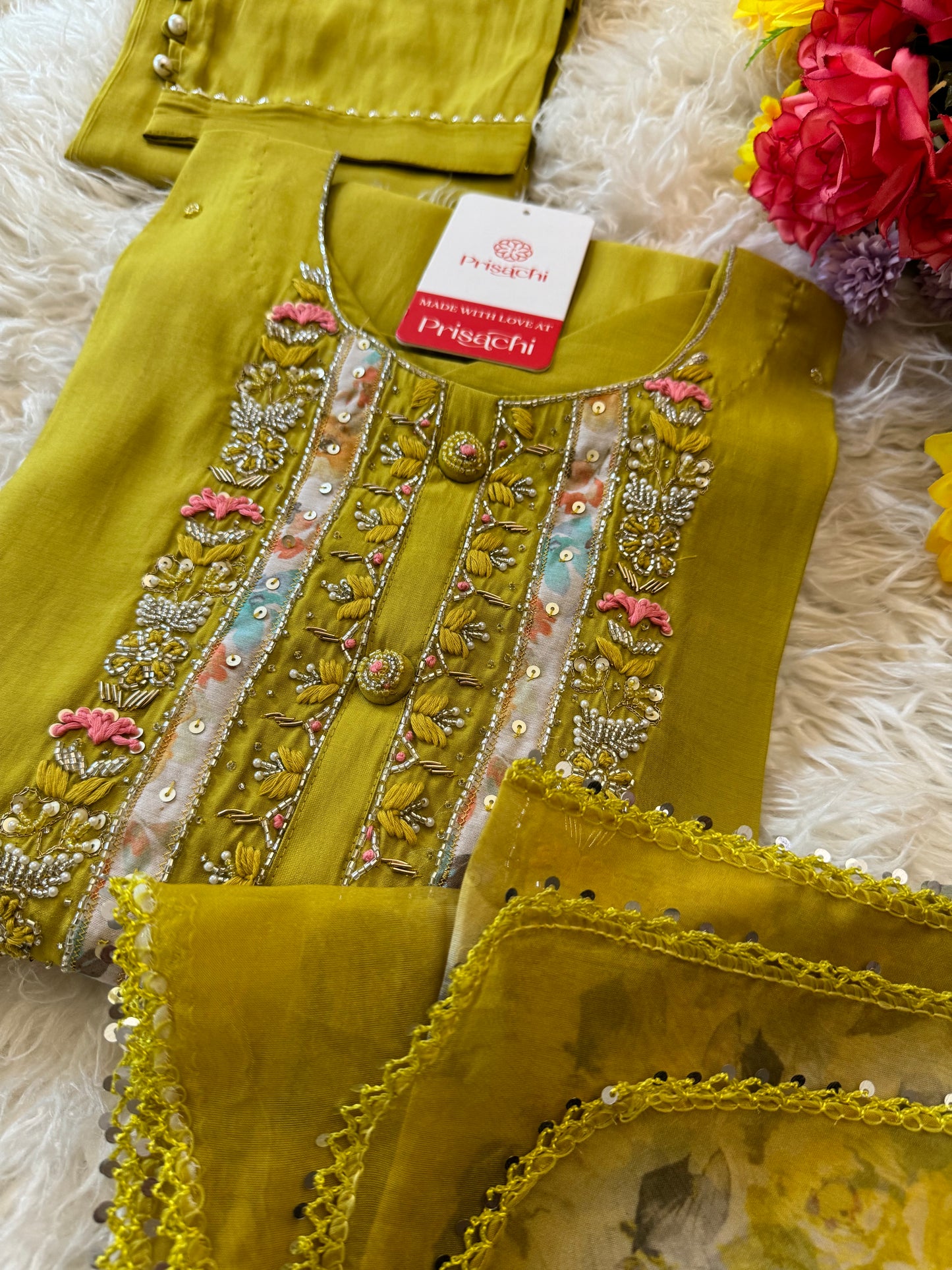 Green embroidered kurta set with dupatta