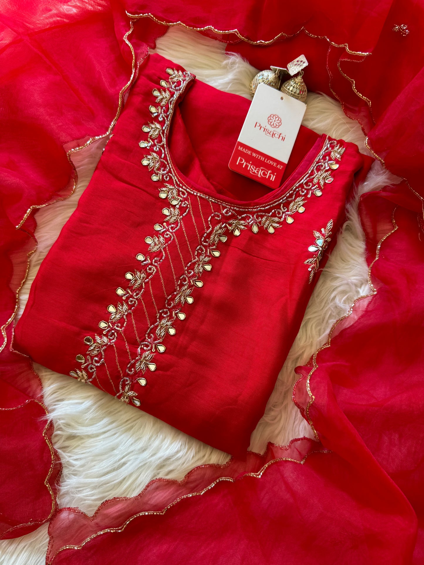 Red embroidered kurta set with dupatta