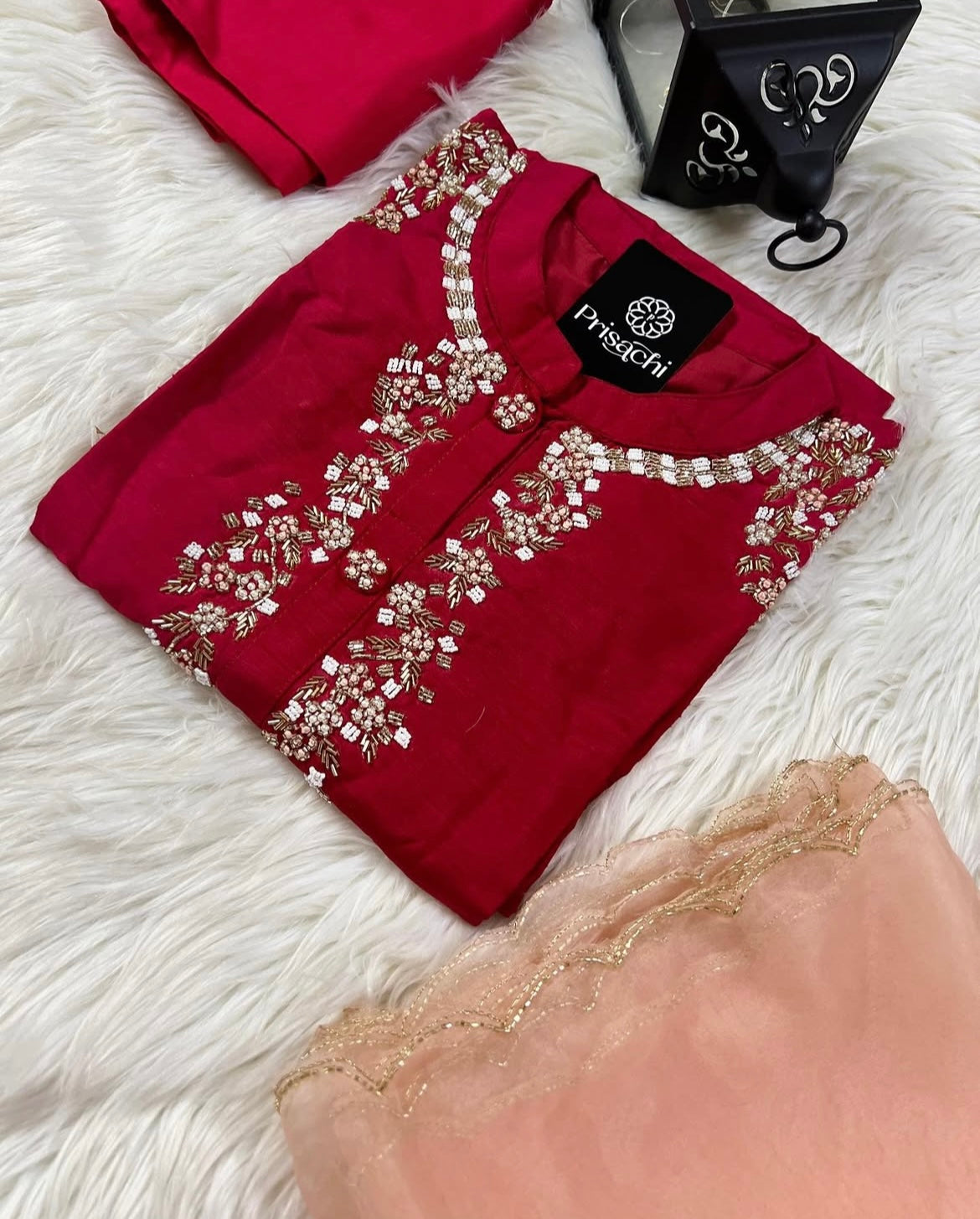 Red embroidered kurta set with dupatta