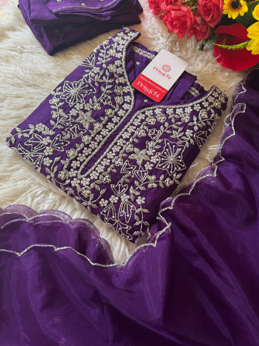 Purple Embroidered kurta bottom with dupatta