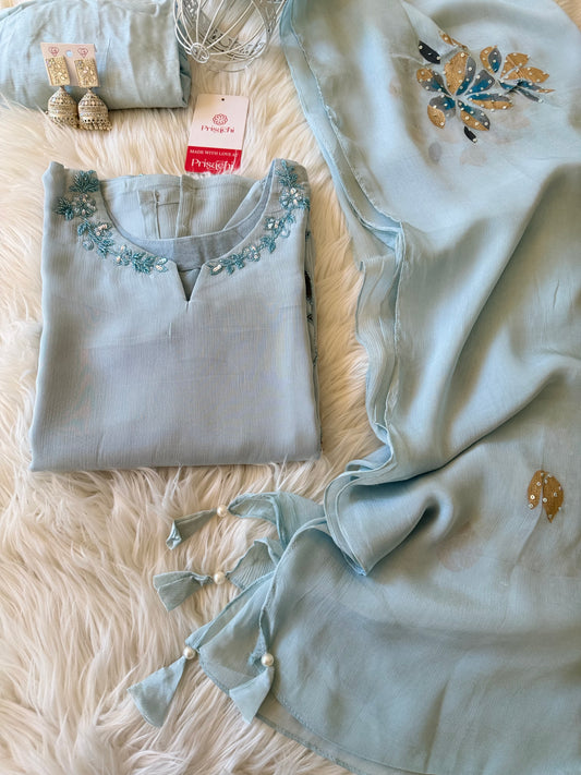 pastel blue embroidered kurta Pant  with dupatta