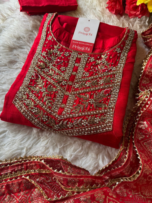 Designer Red Embroidered kurta bottom  with dupatta