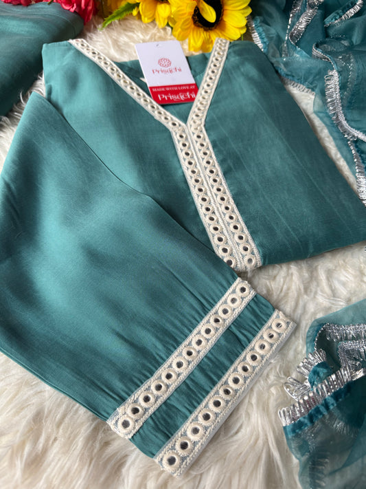 Sea Green Beautiful cotton Kurti, pant and dupatta