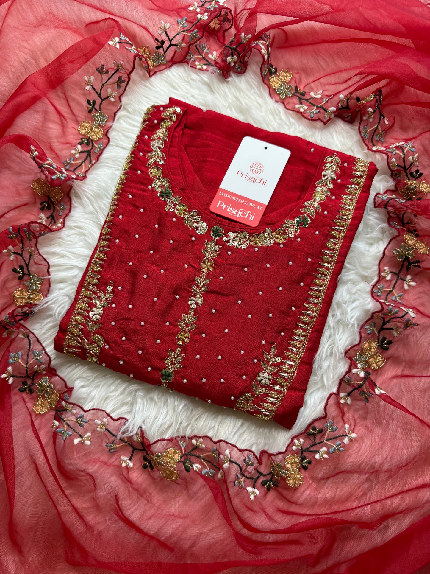 Red embroidered kurta set with dupatta