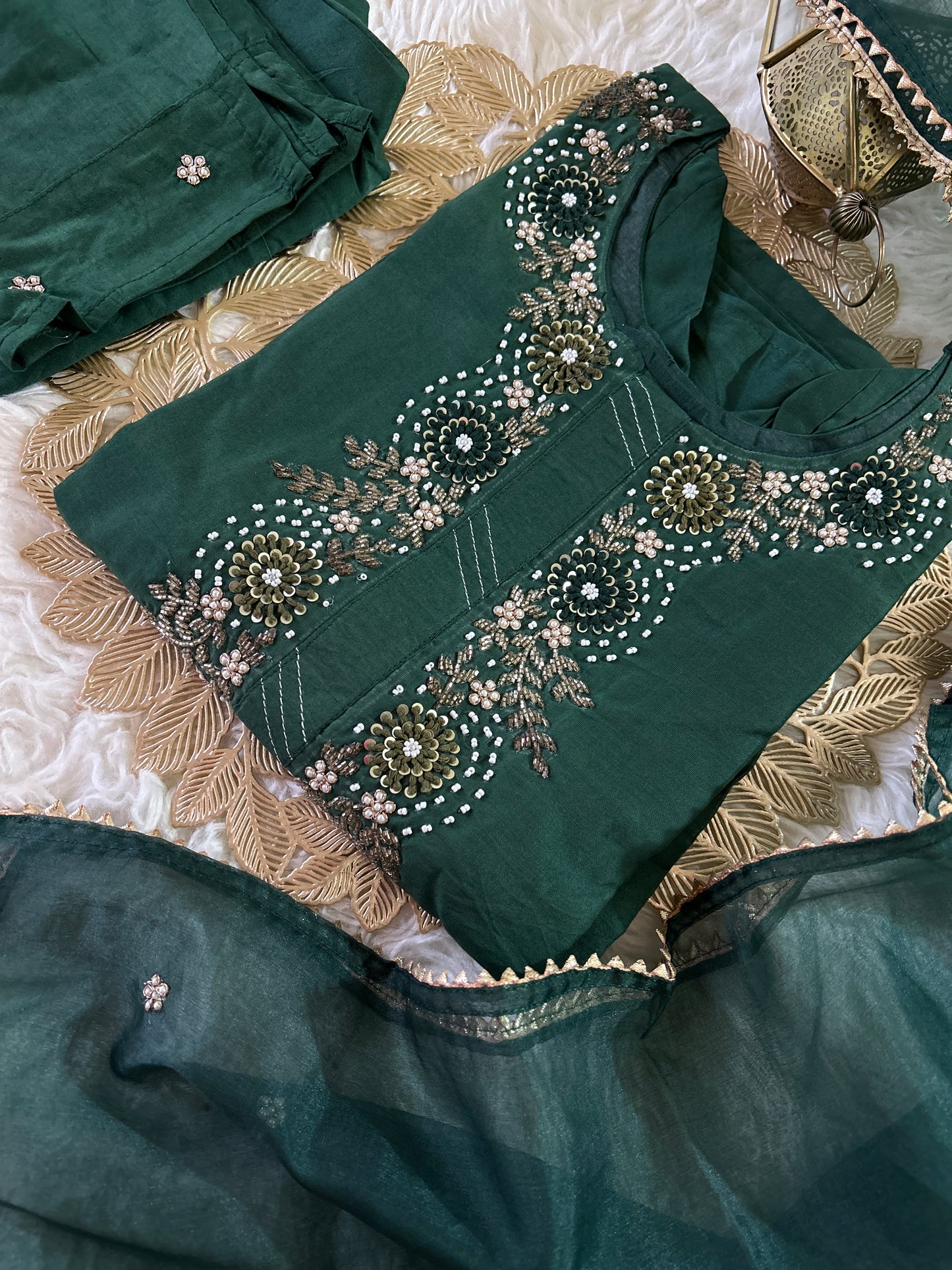 Green embroidered kurta set with dupatta