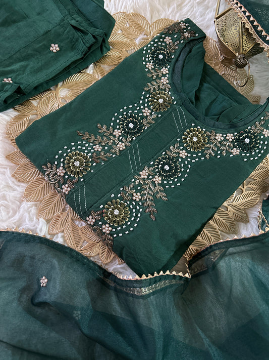 Green embroidered kurta set with dupatta