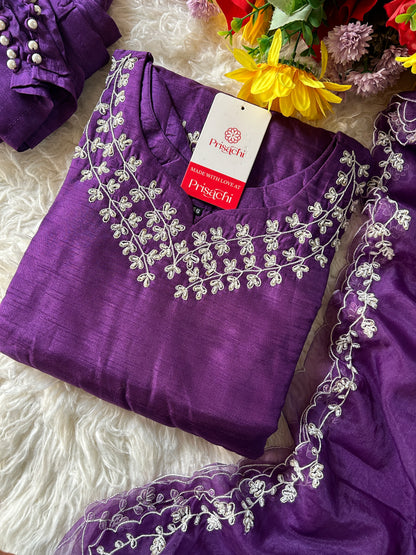 Purple embroidered kurta set with dupatta