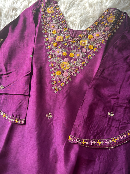 Purple embroidered kurta set with dupatta