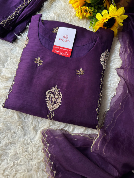 Purple Designer Embroidered kurta set with dupatta