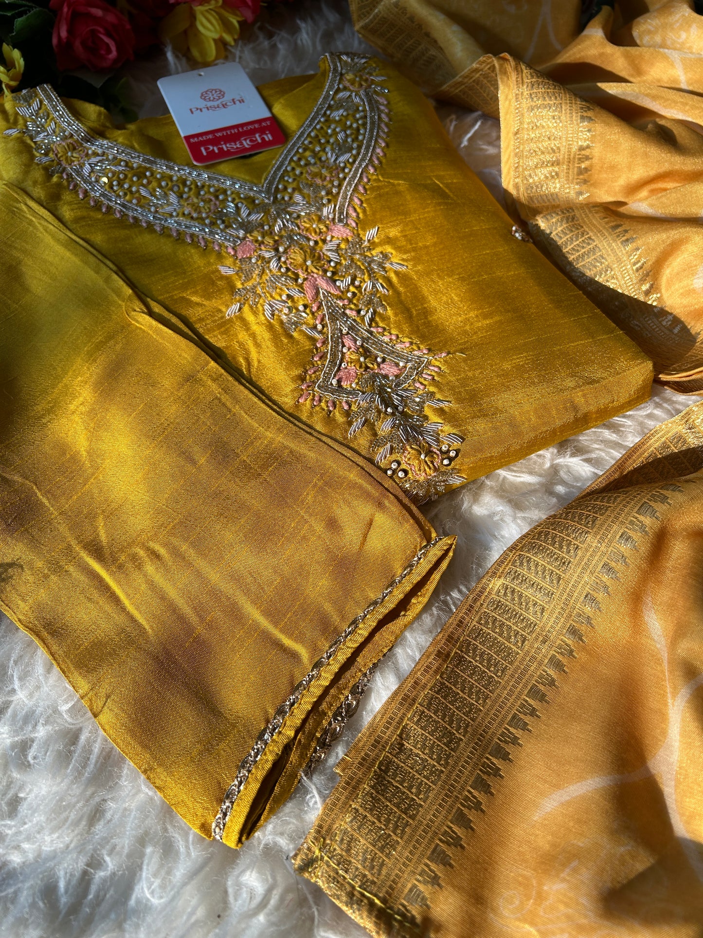 Yellow embroidered  kurta set with dupatta