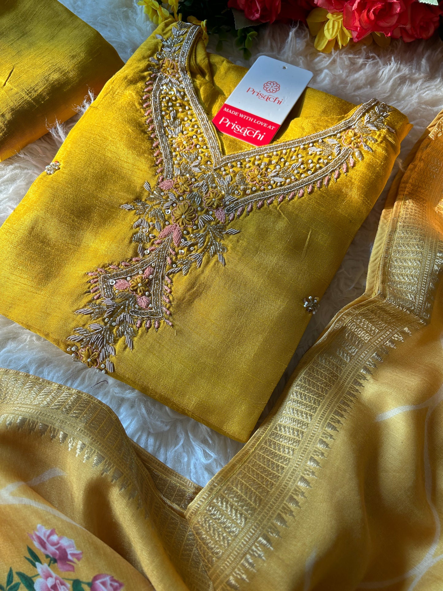 Yellow embroidered  kurta set with dupatta