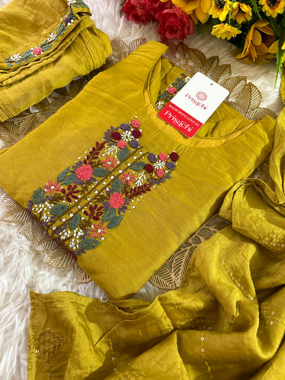 Yellow embroidered chanderi silk kurta set with dupatta