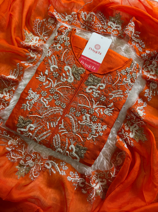 Orange Designer Embroidery Kurti pant with embroidered Work duptta