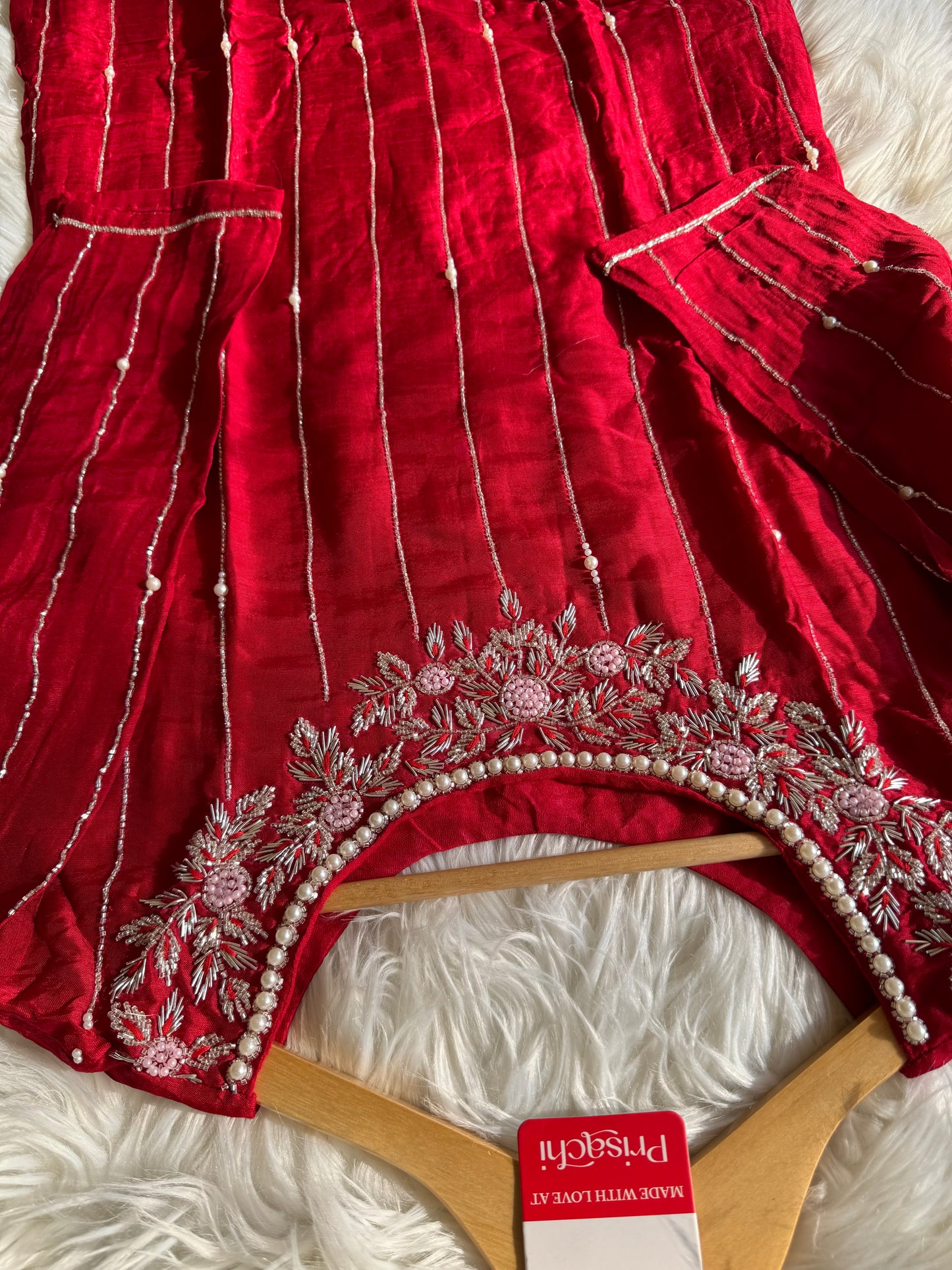 Red embroidered kurta set with dupatta - Prisachi Official