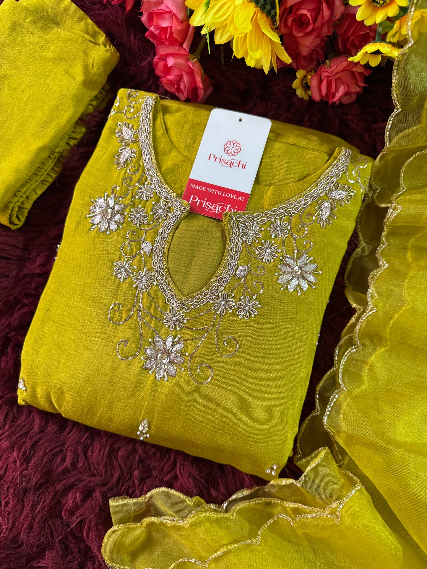 Mustard Yellow Embroidered kurta pant  with dupatta