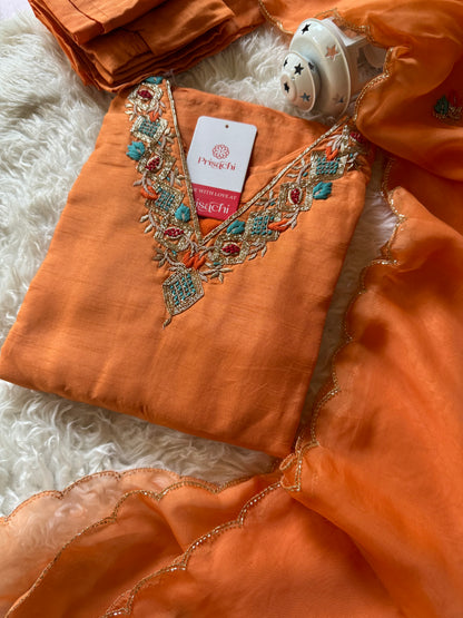 Orange Embroidered Kurta Set With Dupatta