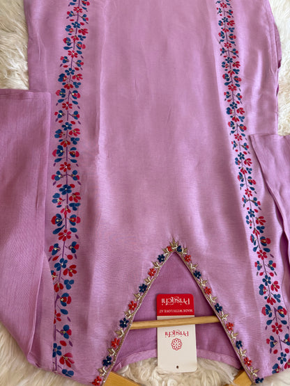 Purple cotton silk embroidered straight kurta set with dupatta