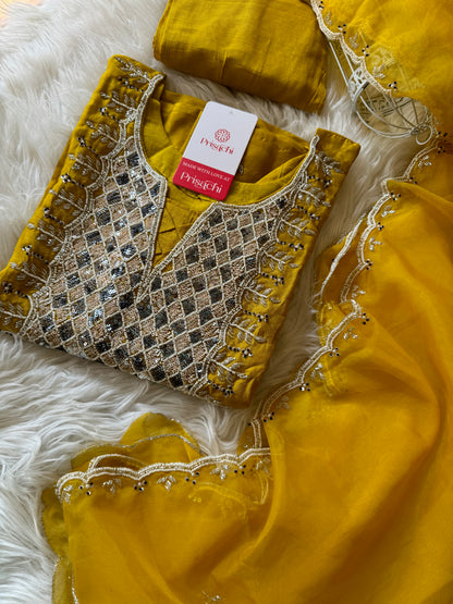 Yellow embroidered kurta set with dupatta