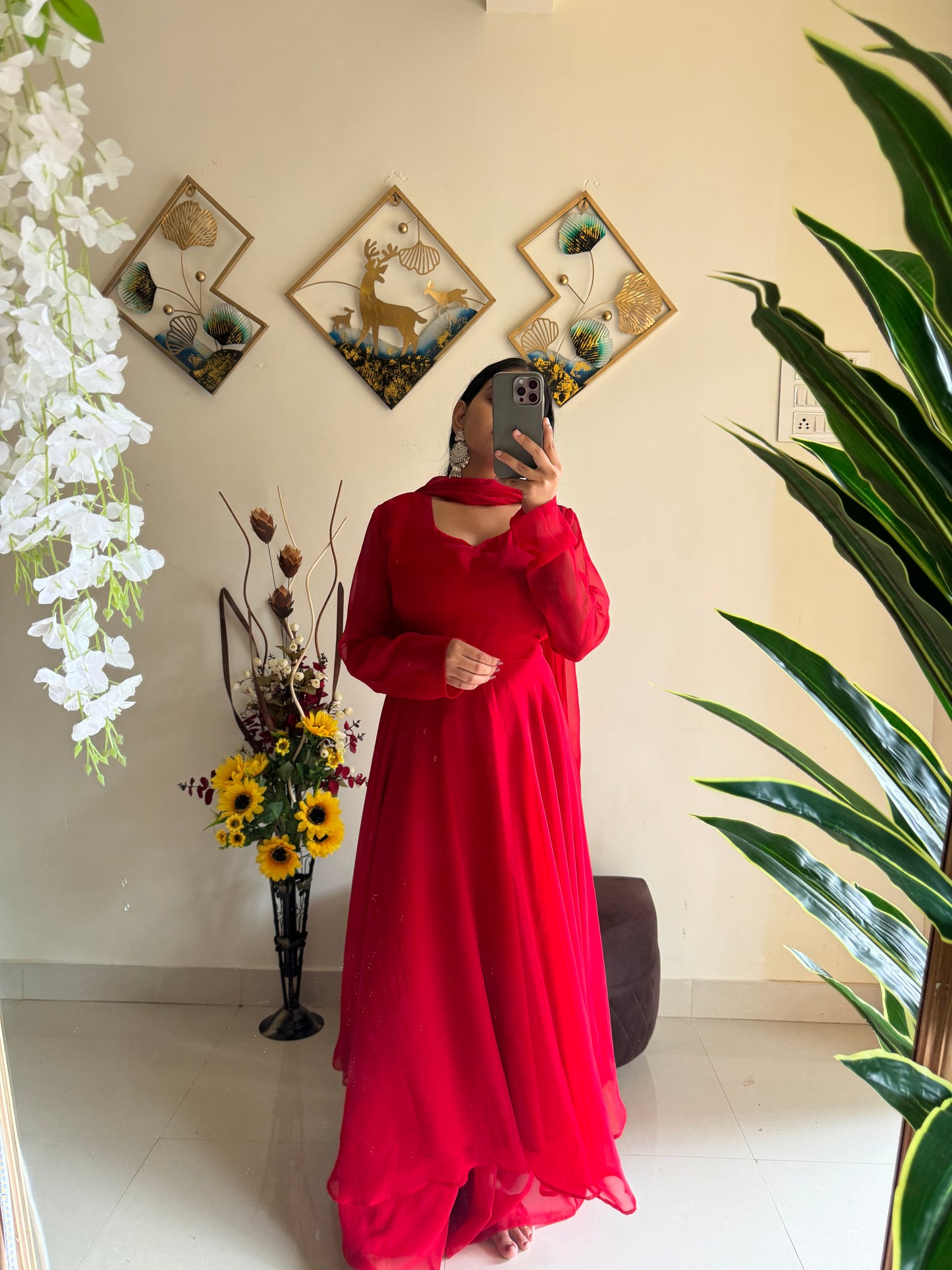 Red Gown with Dual Layer Pattern