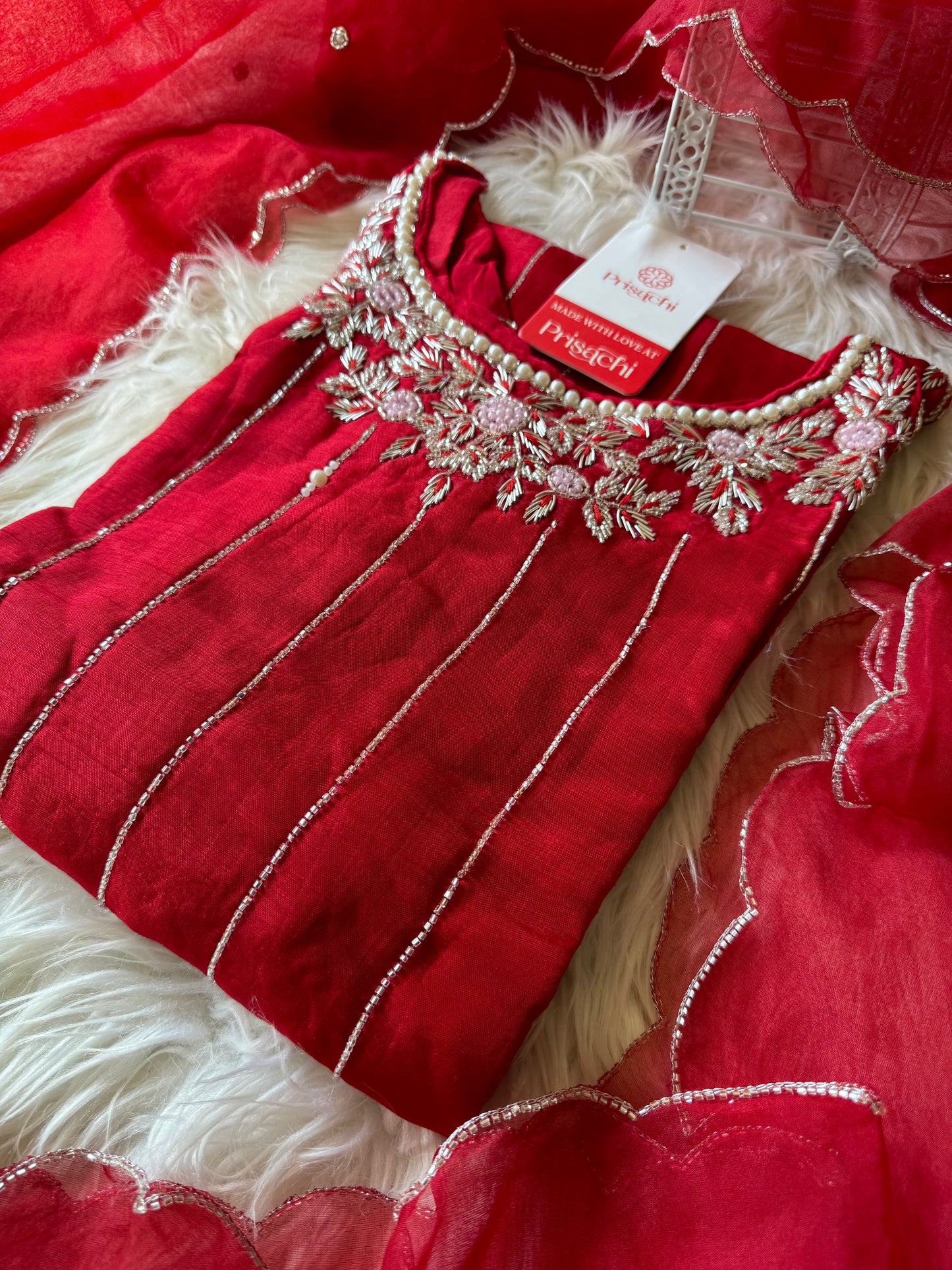 Red embroidered kurta set with dupatta - Prisachi Official