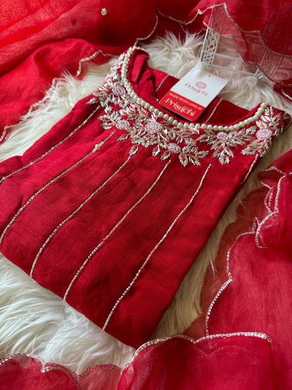 Red embroidered kurta set with dupatta - Prisachi Official