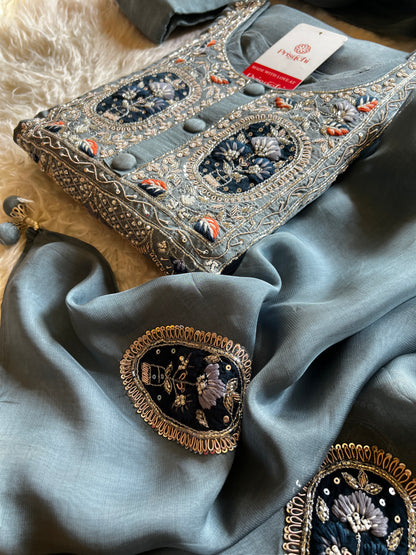 Gray embroidered kurta set with  dupatta