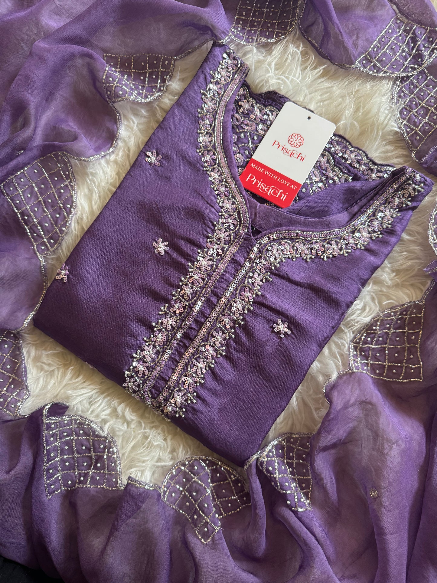 Purple neck embroidered kurta set with dupatta