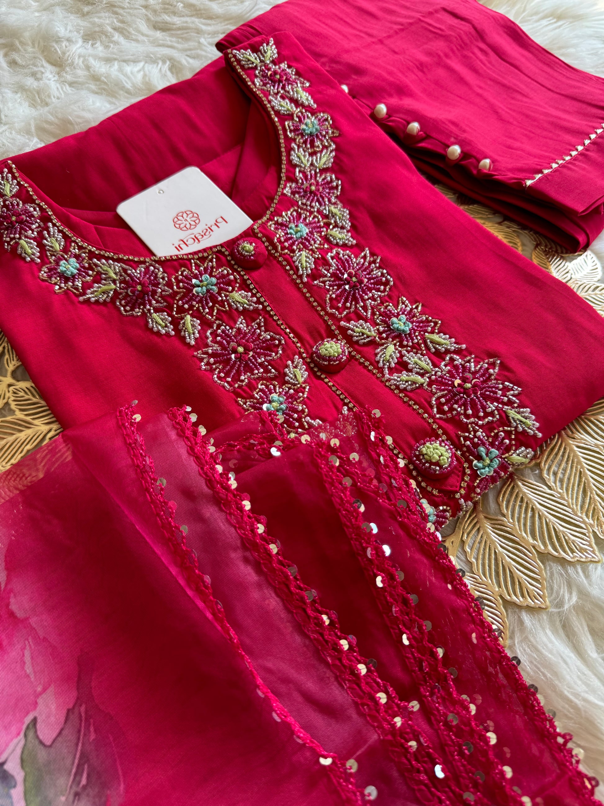 pink neck embroidered kurta set with dupatta - Prisachi Official