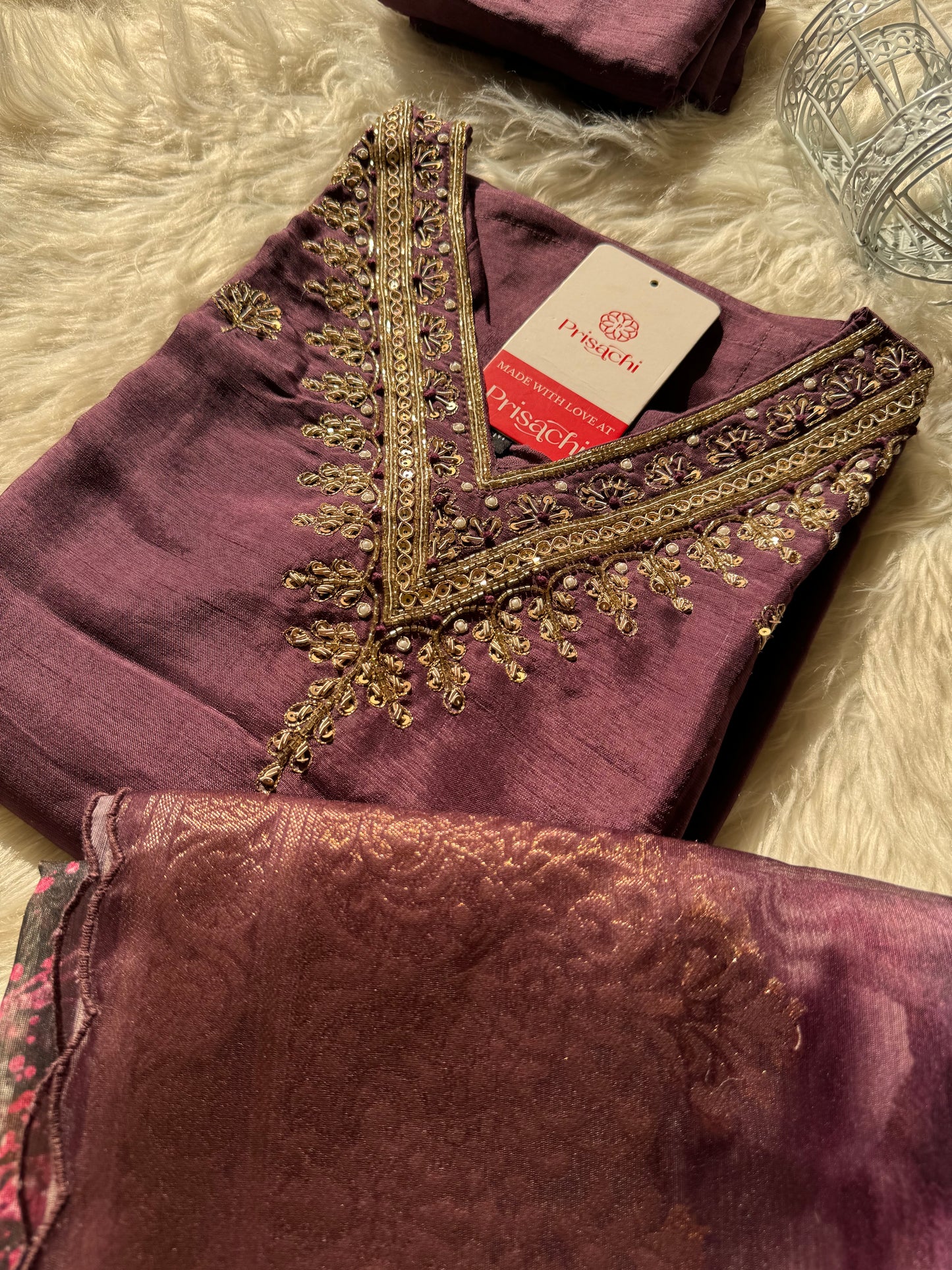 Brown hand embroidered kurta set with dupatta