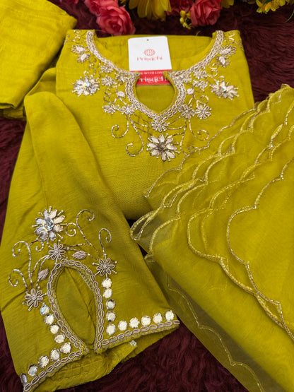 Mustard Yellow Embroidered kurta pant  with dupatta