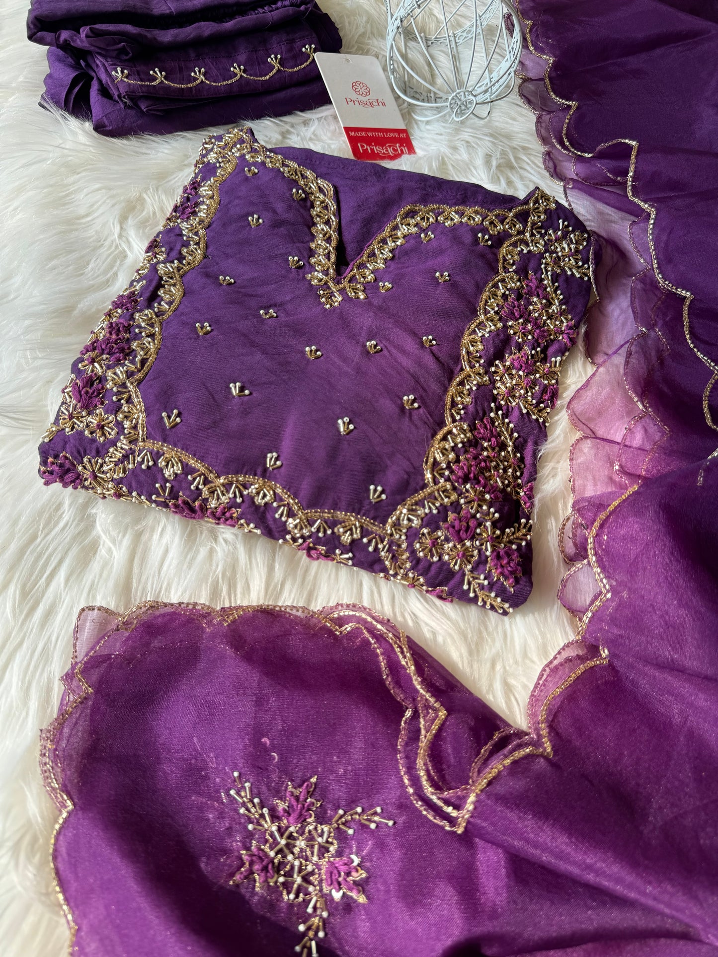 Purple embroidered kurta set with dupatta with Zardosi work