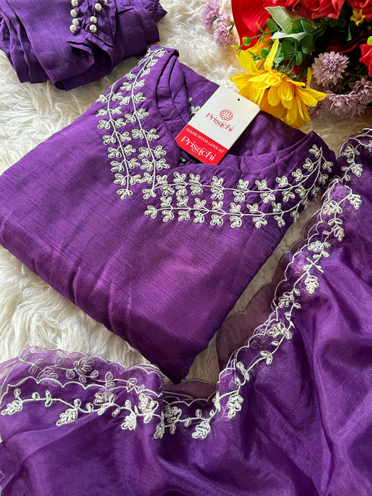 Purple embroidered kurta set with dupatta