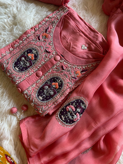 Pink Designer Embroidered kurta set with dupatta