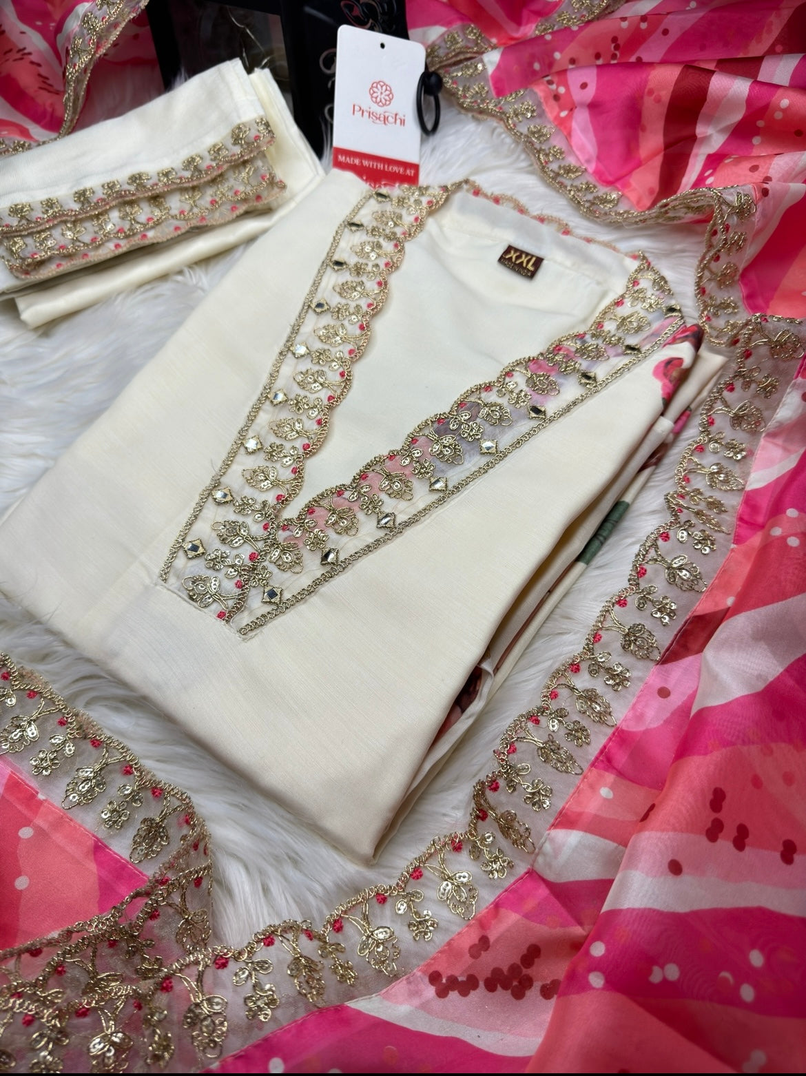 Off White Lilac silk kurta set with Mary Pink dupatta